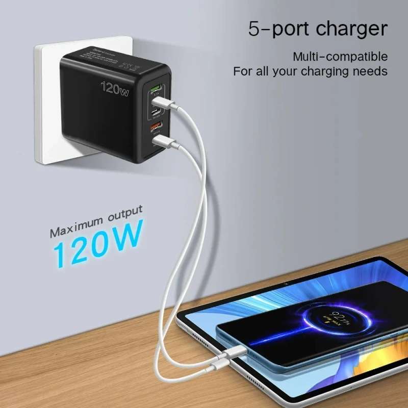 New PD120W Mobile Phone Charger 5V2.4A Compatible With All Phone US EU UK Plug PD+3USB Multi Port Adapter Charging Head