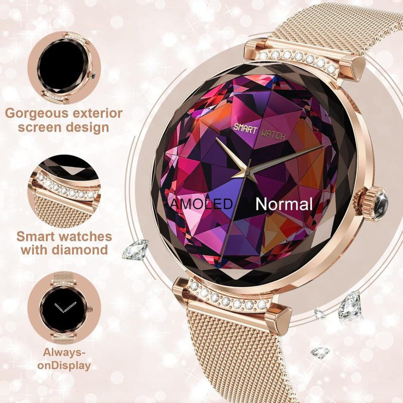 Smart Watches for Women Answer/Make Call, 1.19" AMOLED Smartwatch with Bluetooth for Android iOS Phones, IP68 Waterproof Fitness Tracker with Heart Rate SpO2 Sleep Monitor, Rose Gold