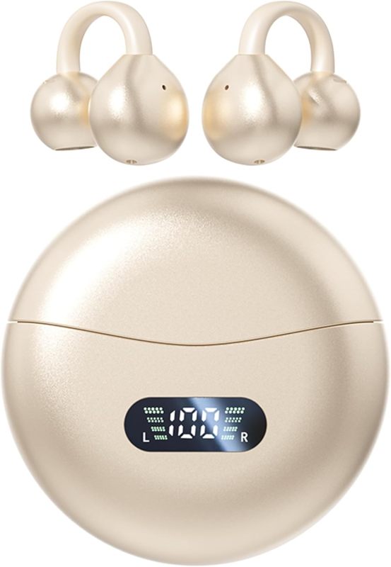 Open Ear Clip Headphones Wireless Earbuds Bluetooth 5.4 Sports Earphones Wireless Charging Case & LED Power Display Waterproof Fitness Headphones for Running (Yellow)