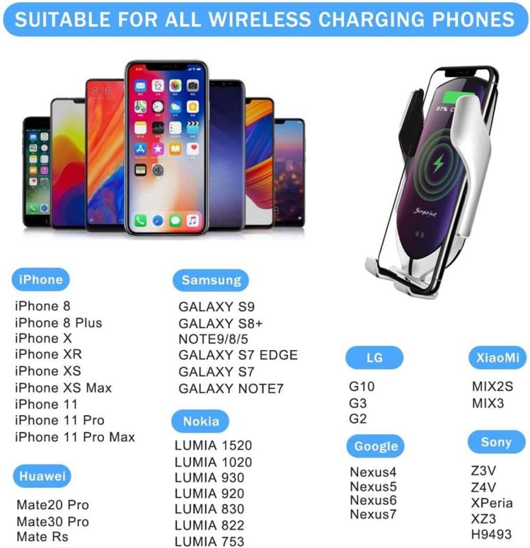 Smart Sensor Wireless Car Charger Mount New Model R2,10W Qi Fast Charging,for Samsung/Android/iPhone, etc (Silver, R2)