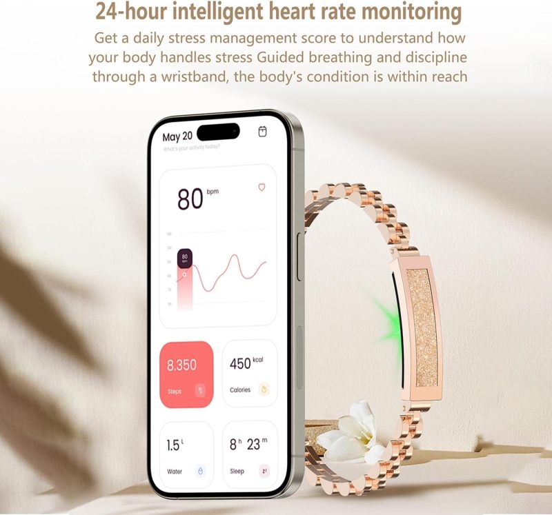 Stainless Steel Smart Bracelet with Heart Rate Monitor (Gold)