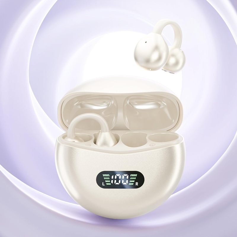 Open Ear Clip Headphones Wireless Earbuds Bluetooth 5.4 Sports Earphones Wireless Charging Case & LED Power Display Waterproof Fitness Headphones for Running (Yellow)