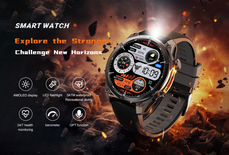 E3001 HD300 Metal Body LED Flashlight Outdoor Sports Wireless Charging Smart Watch