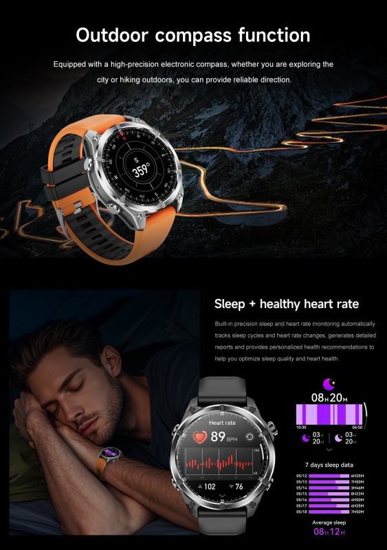 E3001 HD300 Metal Body LED Flashlight Outdoor Sports Wireless Charging Smart Watch