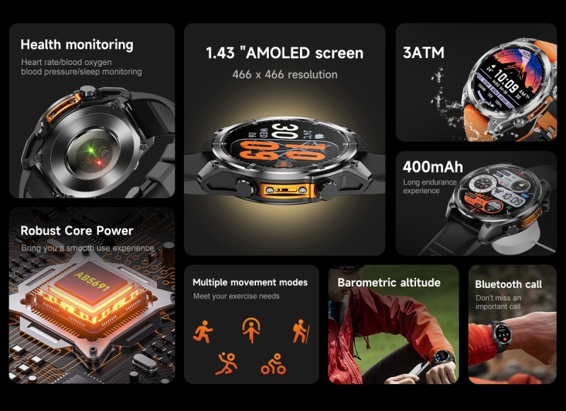 E3001 HD300 Metal Body LED Flashlight Outdoor Sports Wireless Charging Smart Watch