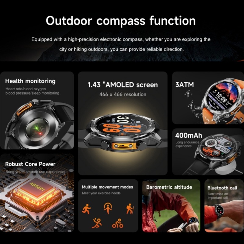 E3001 HD300 Metal Body LED Flashlight Outdoor Sports Wireless Charging Smart Watch