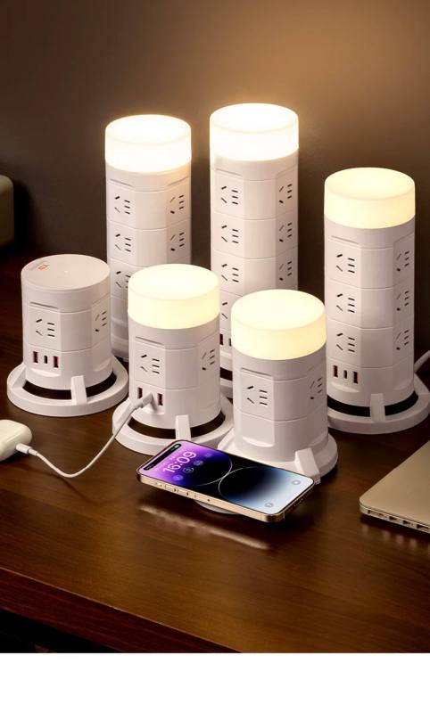 E9078 Cube Vertical Power Strip - 4-tier Multi-function [16 Outlets + Wireless Charging + USB Ports + Night Light] 1.8m Cable