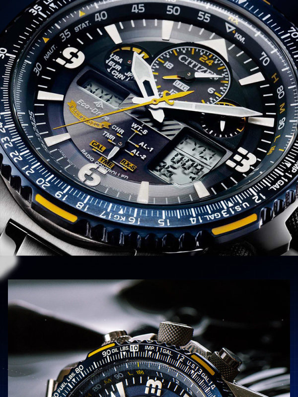 E9081 Citizen Radio Wave Luminous Sky Hawk Blue Angels Eco-Drive Water Resistant Men's Watch Made in Japan