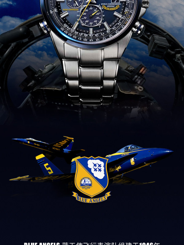 E9081 Citizen Radio Wave Luminous Sky Hawk Blue Angels Eco-Drive Water Resistant Men's Watch Made in Japan