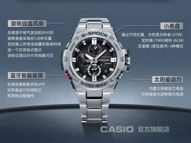E3004 CASIO G-SHOCK Men's Solar Powered Bluetooth Water Resistant Watch GST-B100