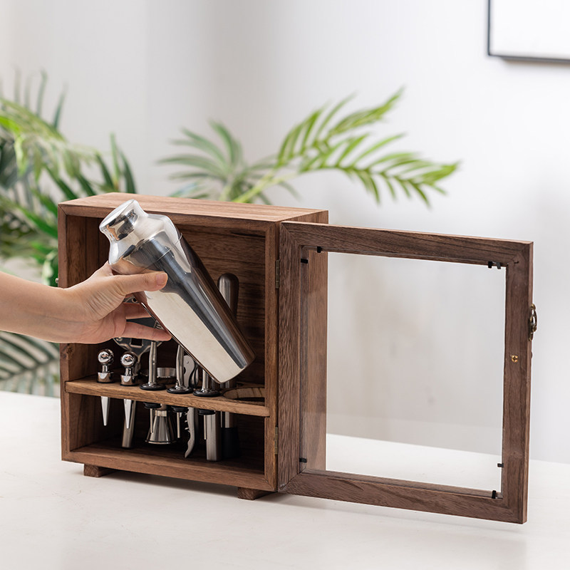 H0039 Professional Bartending Tool Set, 14-Piece Cocktail Shaker Kit with Dustproof Wooden Box, 304 Stainless Steel