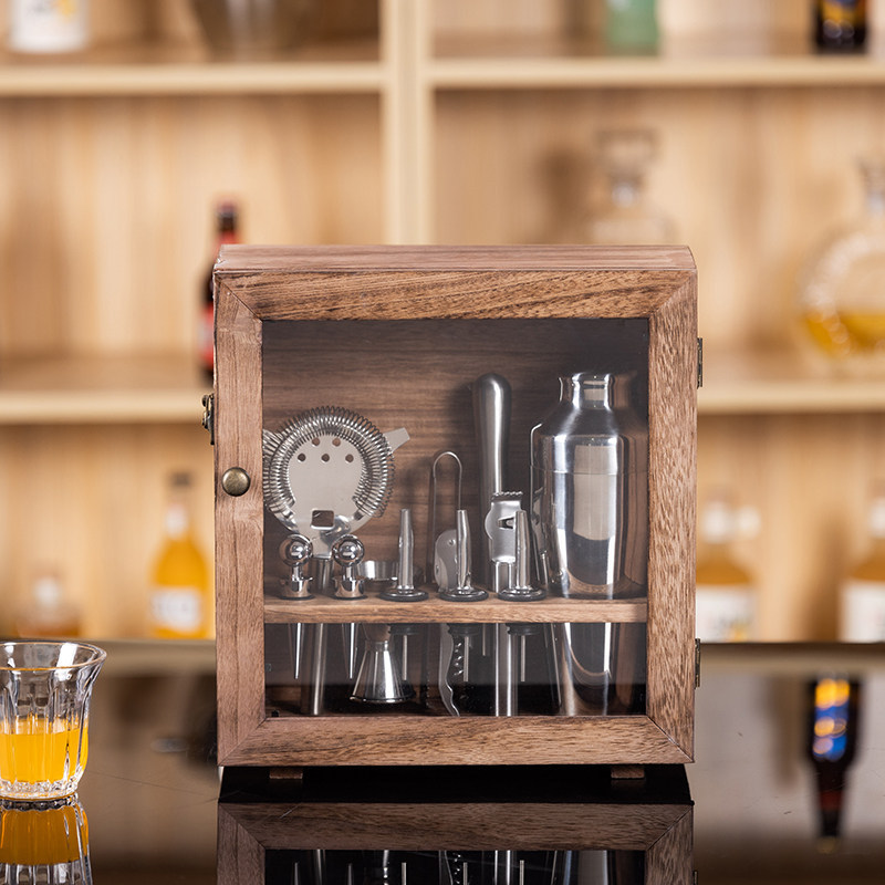 H0039 Professional Bartending Tool Set, 14-Piece Cocktail Shaker Kit with Dustproof Wooden Box, 304 Stainless Steel