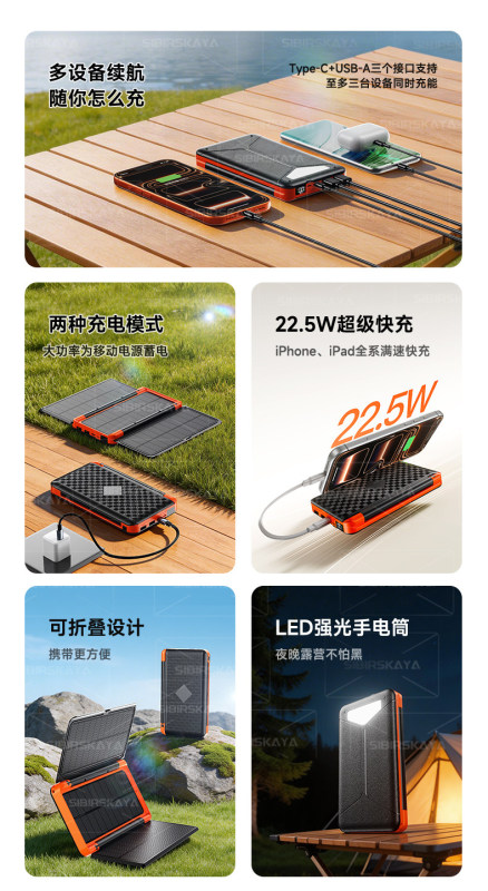 E9117 Outdoor Multi-Purpose Foldable Solar Power Bank, 20000mAh