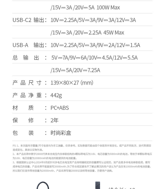 E9119 UGREEN Built-in Cable Fast Charging Power Bank, 20000mAh, Laptop Compatible