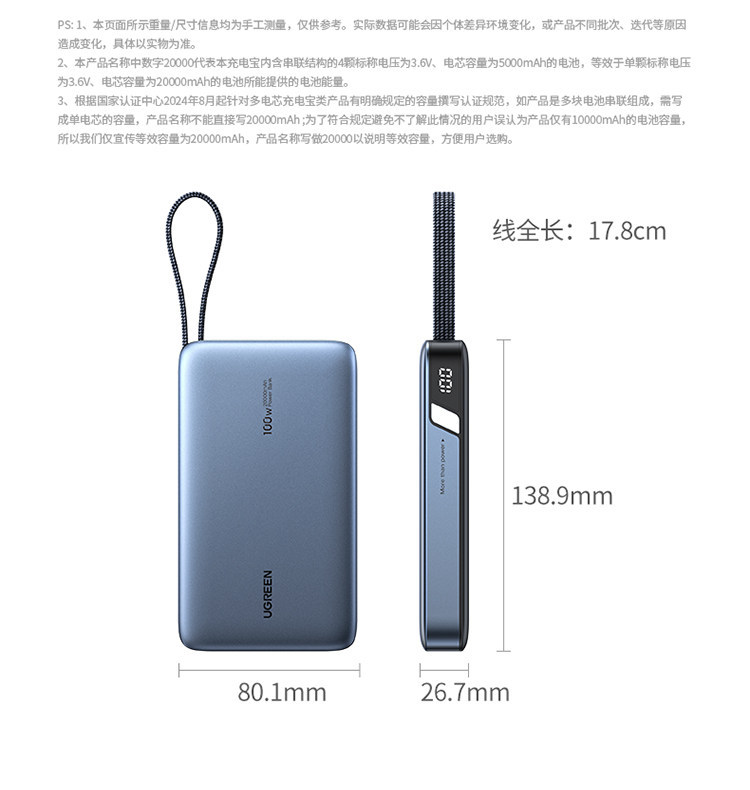 E9119 UGREEN Built-in Cable Fast Charging Power Bank, 20000mAh, Laptop Compatible
