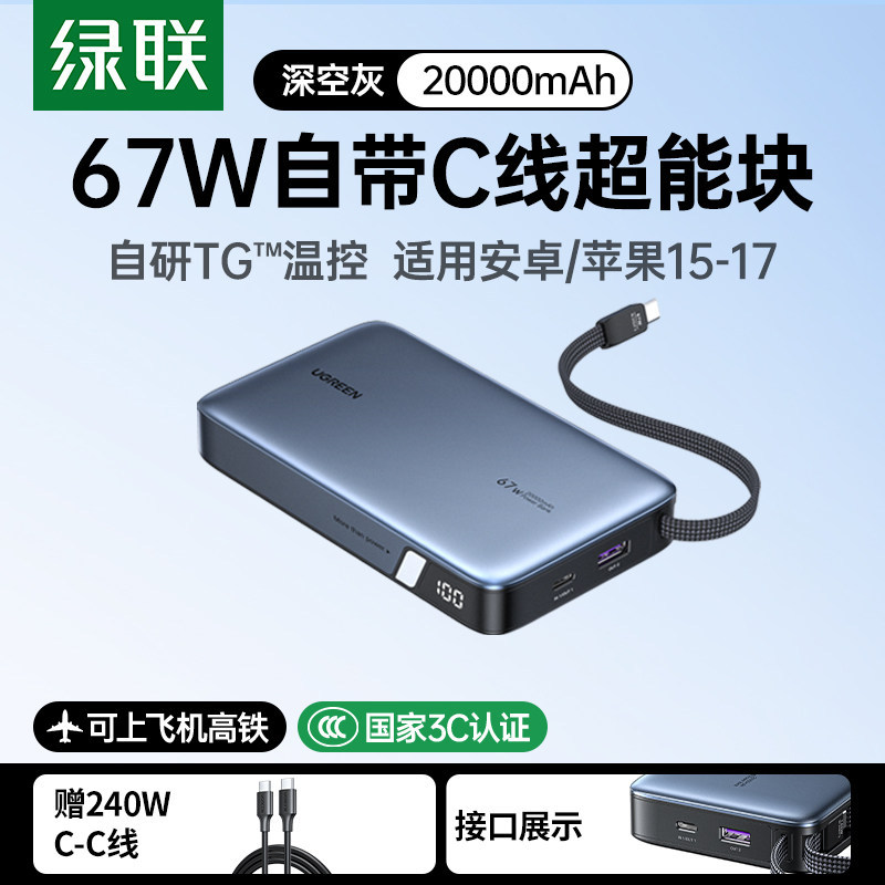 E9119 UGREEN Built-in Cable Fast Charging Power Bank, 20000mAh, Laptop Compatible