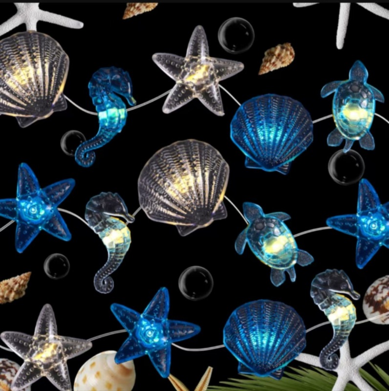 Ocean-themed LED string lights, stars, seashells, conch shells, turtles, and other decorative lights, waterproof for outdoor use in courtyards and gardens.
