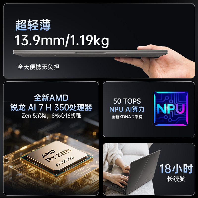 E9126 ASUS Zenbook 14 Ryzen Edition AI 7 H350 14" AI Ultra-Thin Business Laptop, AI 7 350, Integrated Graphics, 2.8K 120Hz Display-China Version