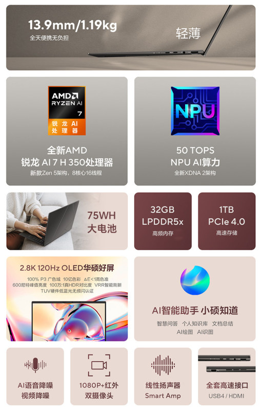 E9126 ASUS Zenbook 14 Ryzen Edition AI 7 H350 14" AI Ultra-Thin Business Laptop, AI 7 350, Integrated Graphics, 2.8K 120Hz Display-China Version