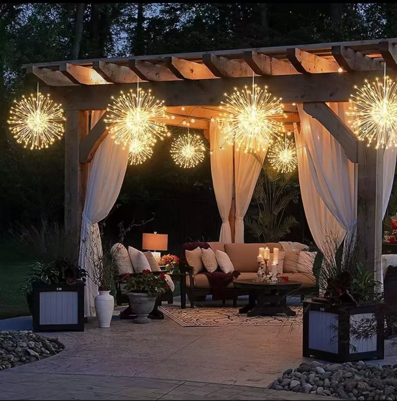 LED solar-powered hanging fireworks light for outdoor garden decoration, lawn decoration, wedding courtyard decoration, upside-down dandelion light.