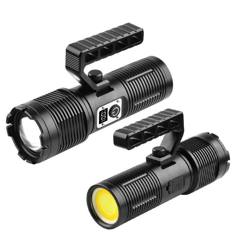 E9155 Digital Display&Long Battery Life,XHP160 High-Power LED Flashlight - Zoomable Outdoor Handheld Lamp with COB Tail Light