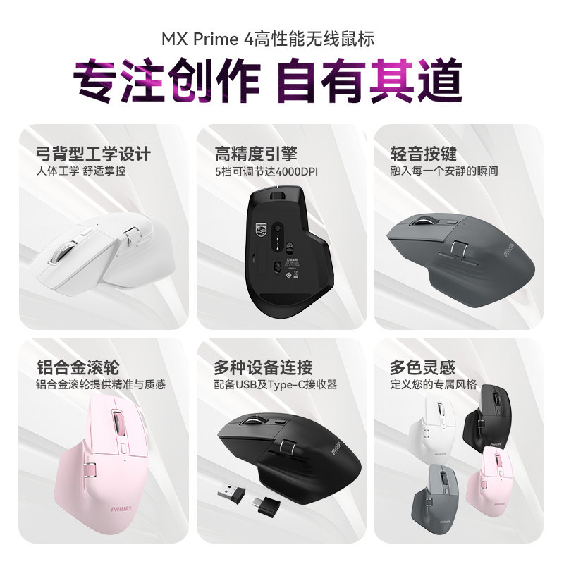 E9158 Philips MX Prime 4 Wireless Bluetooth Mouse – Connects to 3 Devices Simultaneously