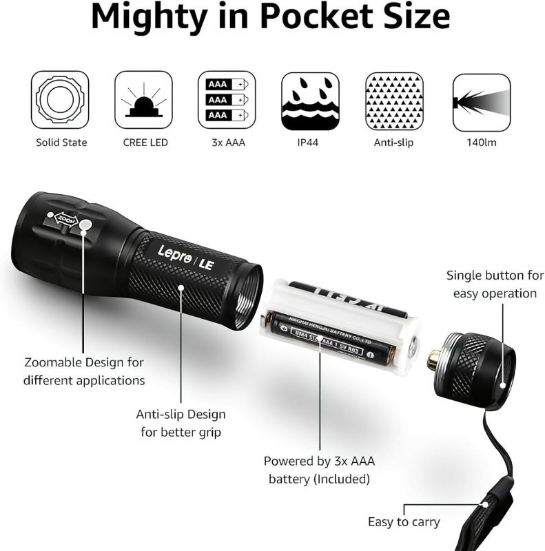 Lepro LED White Light Flashlight, High Lumens Waterproof Adjustable Focus