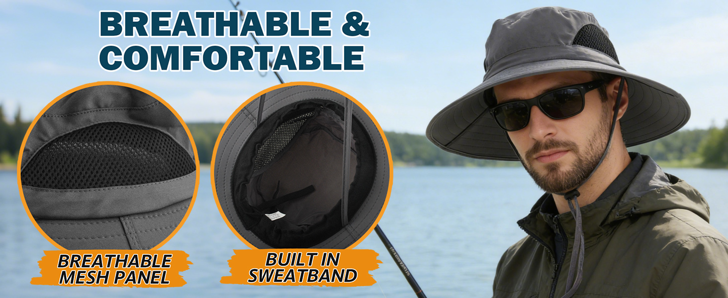 EINSKEY Gray Sun Hat (fishing): breathable mesh, sweatband, UPF 50+ for all-day outdoor comfort.