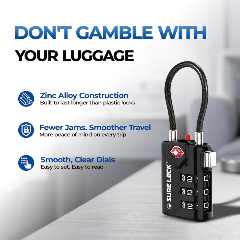 SURE LOCK TSA Approved Luggage Locks with Open Alert Indicator, 3 Digit Combination Cable Travel Lock for Suitcase, Backpack & Travel Bag, 2 Pack Black
