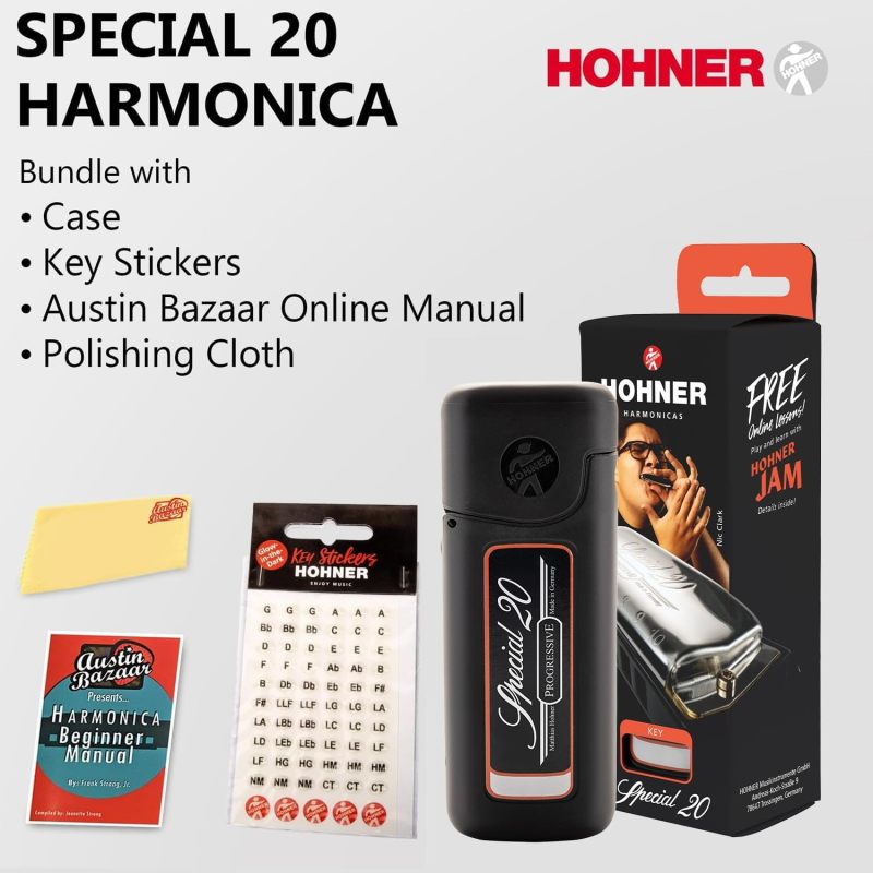 Hohner Special 20 Harmonica - Key of C Bundle with Key Stickers, Plastic Case, Instructional Manual, and Austin Bazaar Polishing Cloth