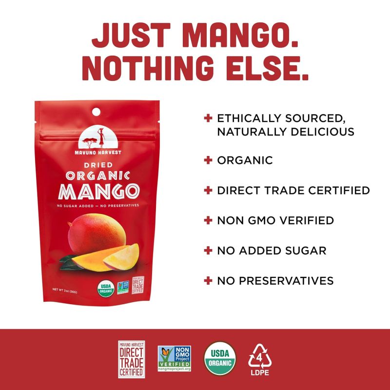 Mavuno Harvest Organic Dried Mango - No Sugar Added Healthy Snacks - 6 Pack
