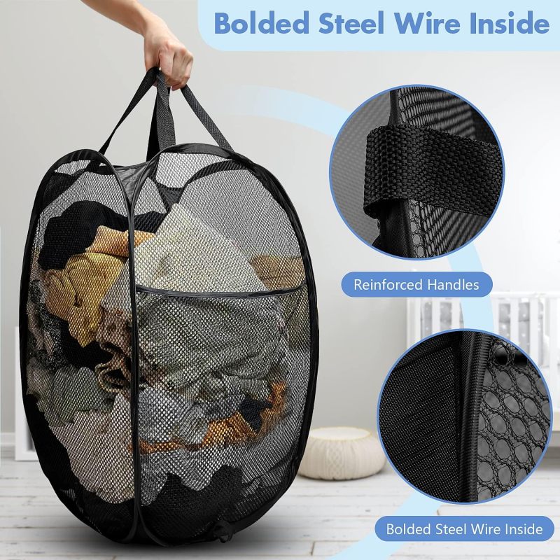 Pop Up Laundry Hamper, 70L Collapsible Mesh Basket with Side Pocket, Black