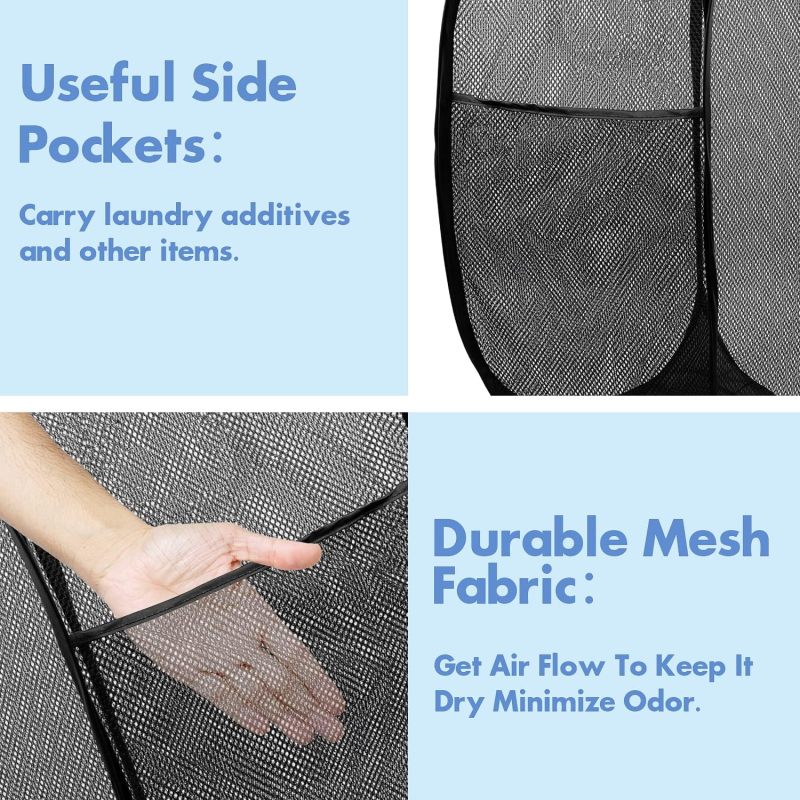 Pop Up Laundry Hamper, 70L Collapsible Mesh Basket with Side Pocket, Black