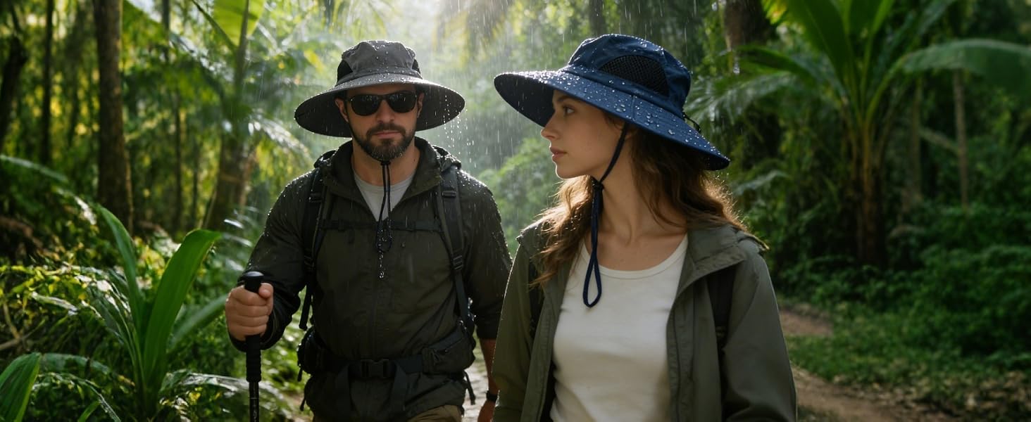 Couple in waterproof sun hats hike in a rainy jungle. Durable safari hat for wet outdoor trips.