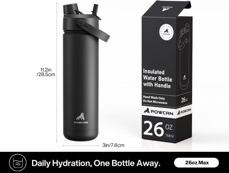 POWCAN 26 oz Insulated Water Bottle with 2-in-1 Straw and Spout Lid, Keep Cold 24H, Leak-Proof, Fits in Car Cup Holder, Stainless Steel Water Bottle for Sports, Travel, and School (Dark Knight)