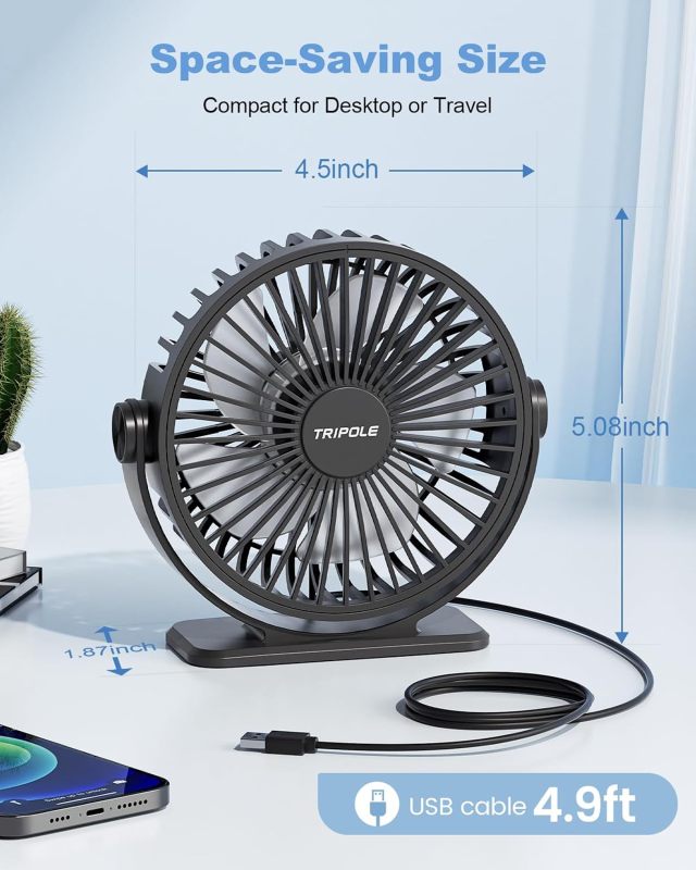 TriPole USB Desk Fan Small Portable, 360° Rotation Quiet Mini Personal Fan