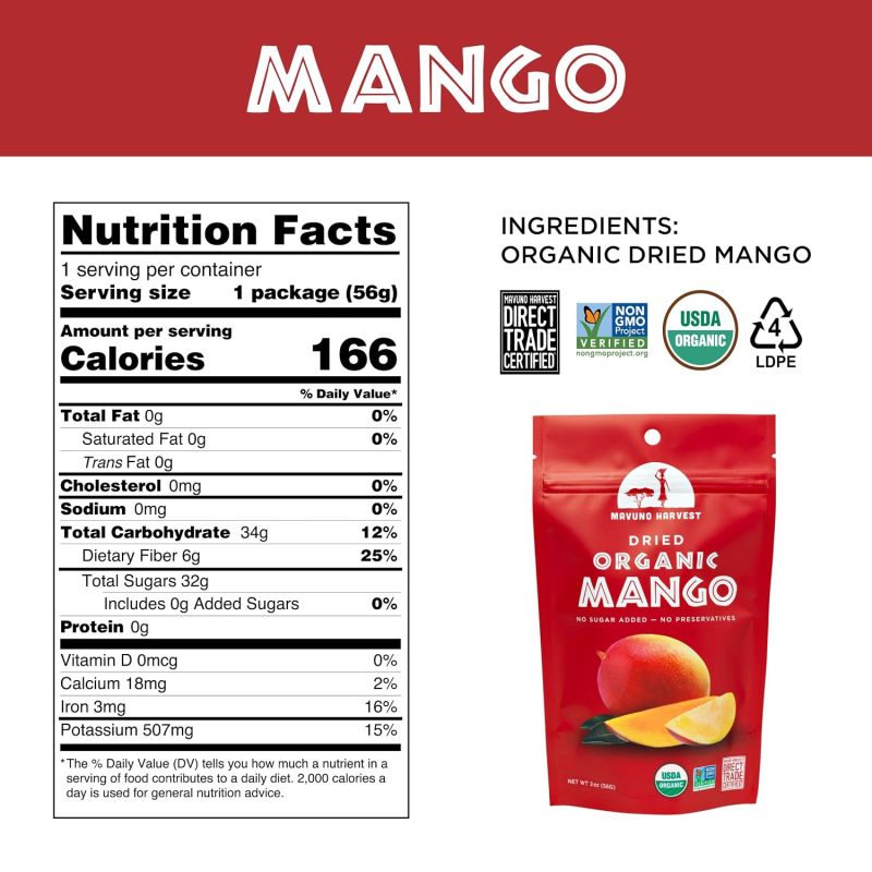 Mavuno Harvest Organic Dried Mango - No Sugar Added Healthy Snacks - 6 Pack