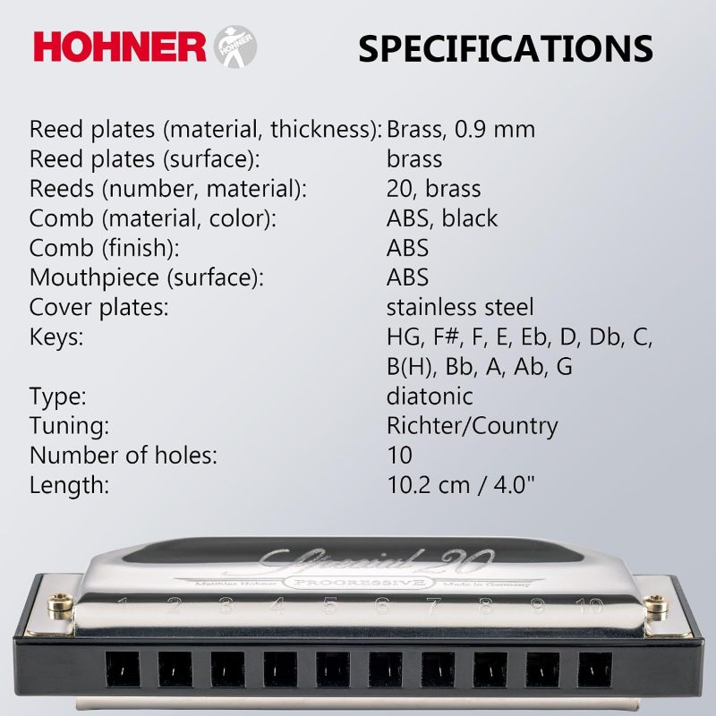 Hohner Special 20 Harmonica - Key of C Bundle with Key Stickers, Plastic Case, Instructional Manual, and Austin Bazaar Polishing Cloth