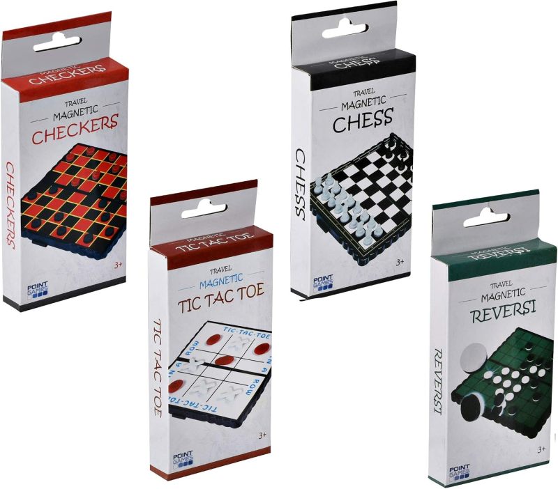 Point Games Travel Board Game Set - Bundle Pack of 4 Classic Magnetic Games, Stocking Stuffers for Kids Includes Individual Boards & Pieces