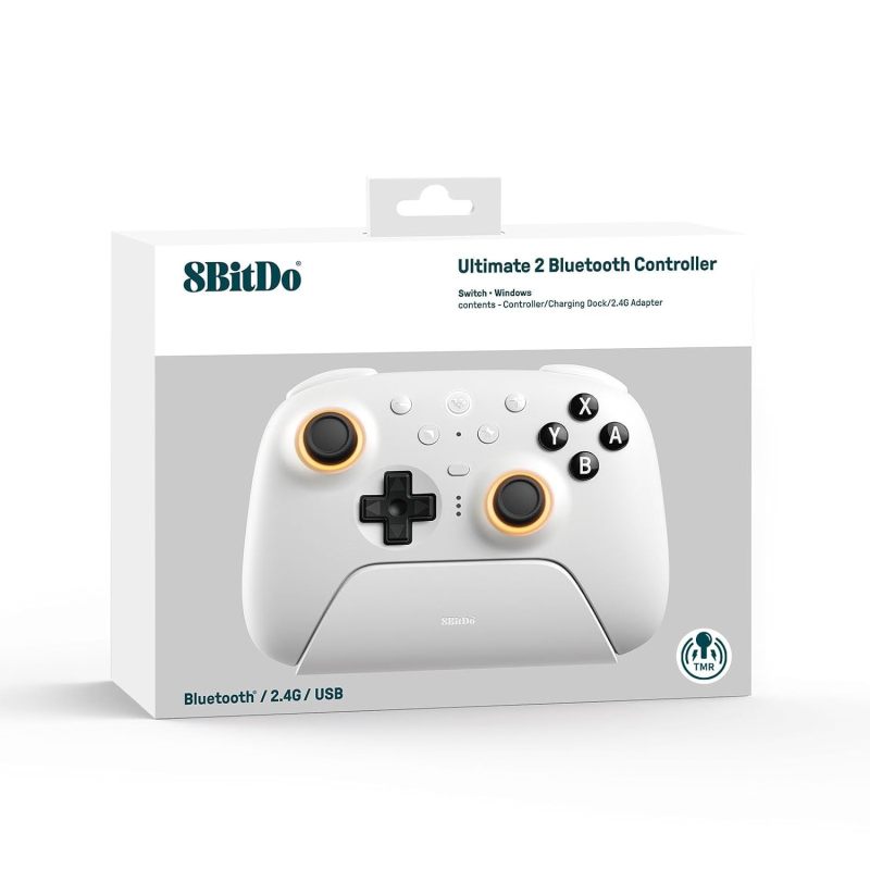 8Bitdo Ultimate 2 Bluetooth Controller for Switch & Windows PC, Switch Pro Controller with TMR Joysticks, Switchable Hall Effect/Tactile Triggers, Vibration and Motion Control, RGB Fire Ring, White