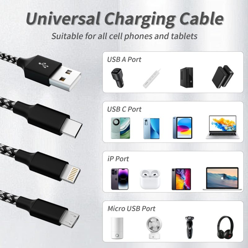 Travel Multi Charging Cable, Phone Chargers for Multiple Devices, 2Pack 4FT