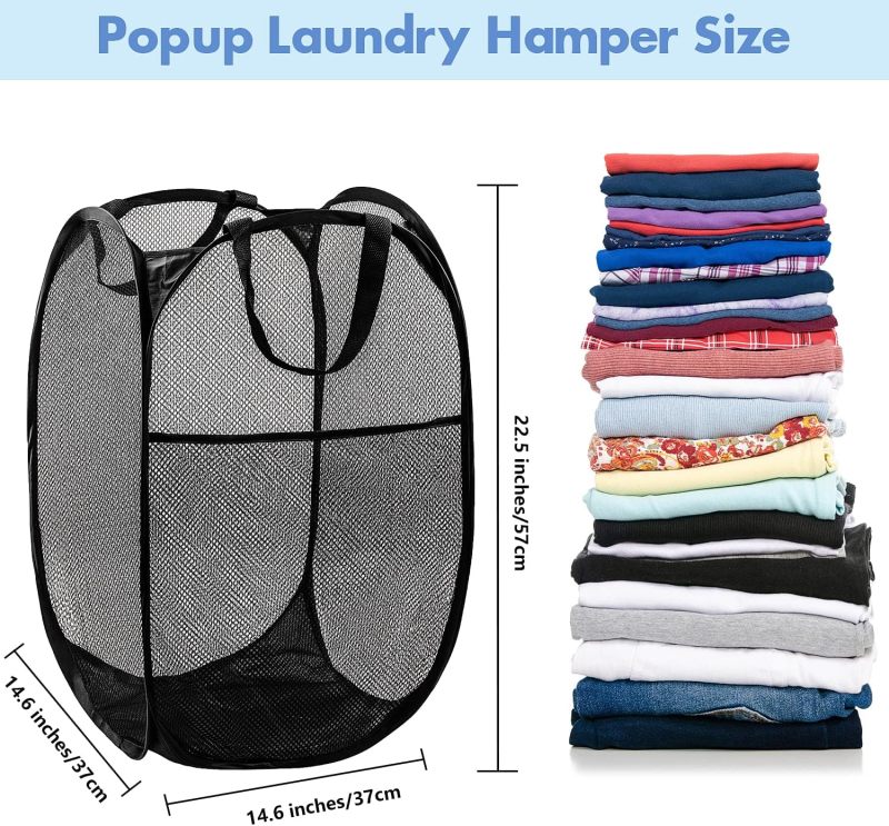 Pop Up Laundry Hamper, 70L Collapsible Mesh Basket with Side Pocket, Black