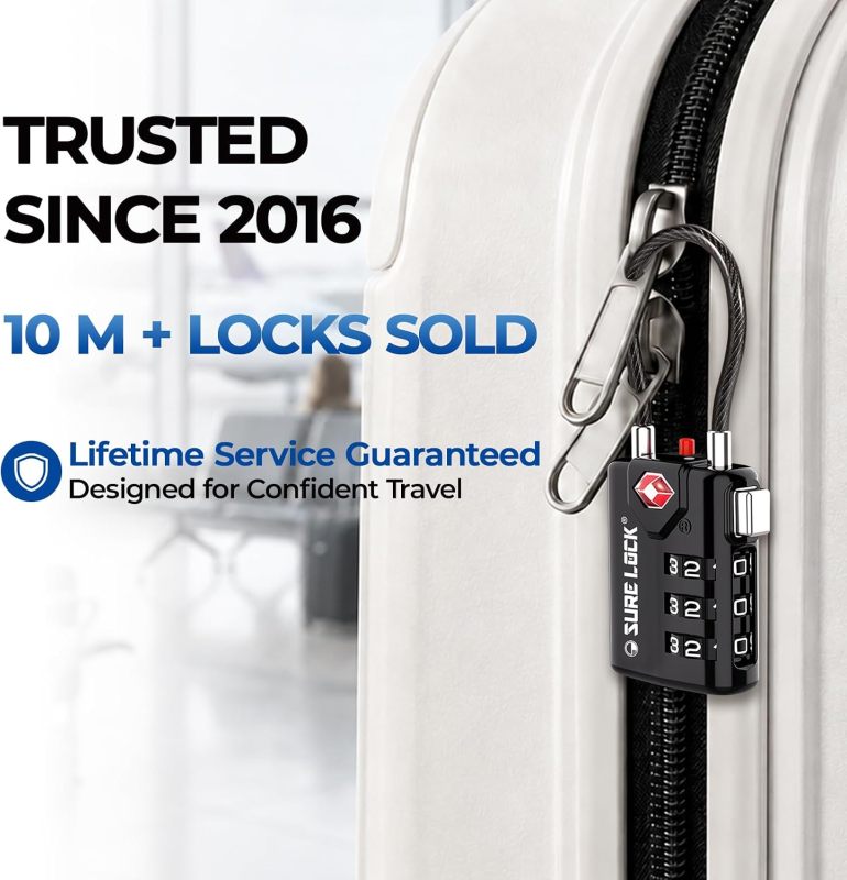 SURE LOCK TSA Approved Luggage Locks with Open Alert Indicator, 3 Digit Combination Cable Travel Lock for Suitcase, Backpack & Travel Bag, 2 Pack Black