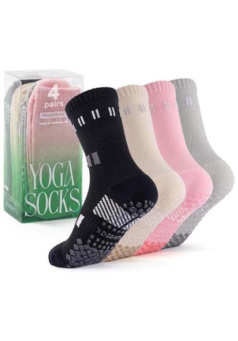 musesox 4 Pairs Non-Slip Pilates Socks for Women,Yoga Socks with grips,Crew Grippy Socks