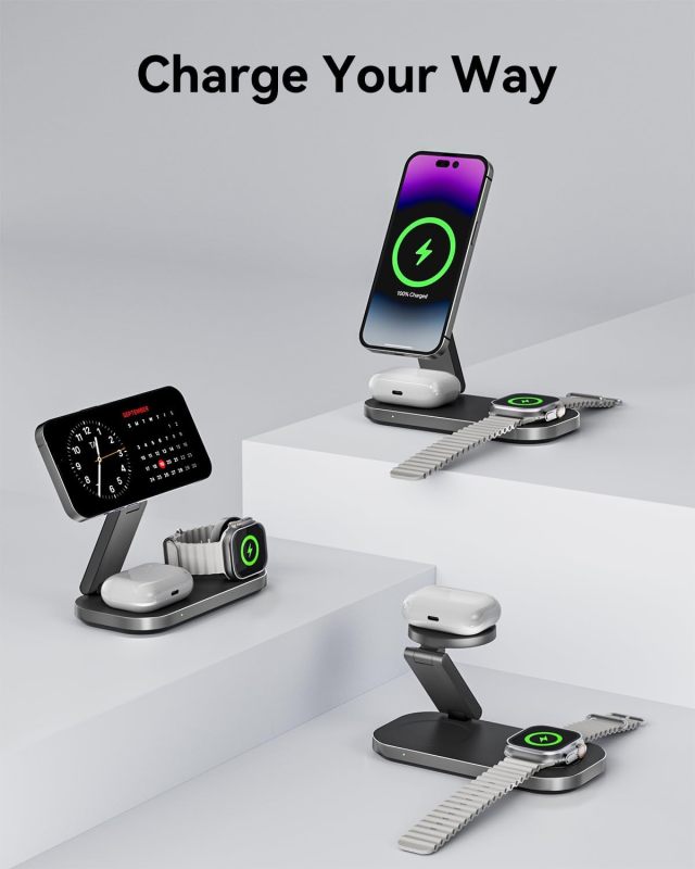 3-in-1 Charging Station for Apple Device, Qi2 25W Certified Magnetic Wireless Foldable Fast Charger Stand Compatible with MagSafe for iPhone 17e/17/16/15/14/13/12/Air Series, Apple Watch & AirPods