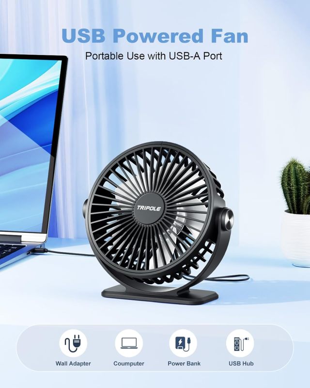 TriPole USB Desk Fan Small Portable, 360° Rotation Quiet Mini Personal Fan