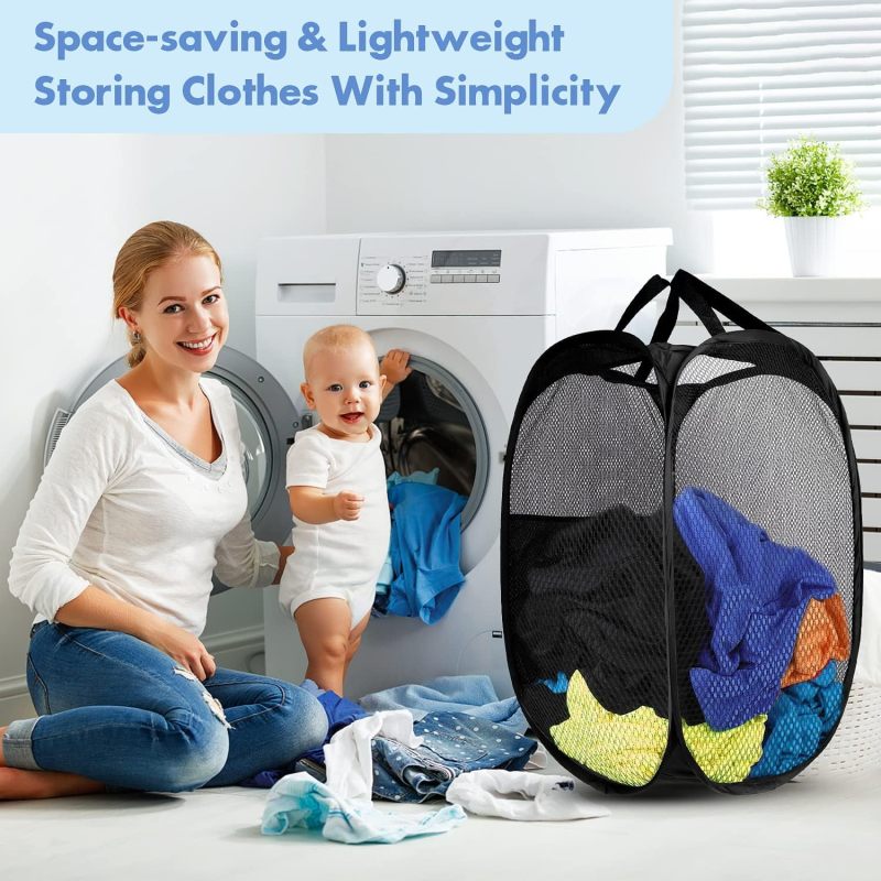 Pop Up Laundry Hamper, 70L Collapsible Mesh Basket with Side Pocket, Black