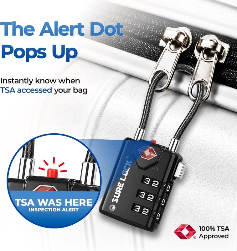 SURE LOCK TSA Approved Luggage Locks with Open Alert Indicator, 3 Digit Combination Cable Travel Lock for Suitcase, Backpack & Travel Bag, 2 Pack Black