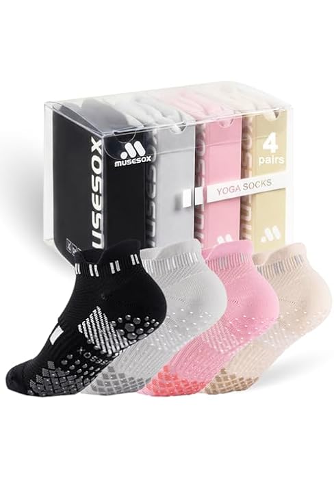 musesox 4 Pairs Non-Slip Pilates Socks for Women with grips,Grippy Ankle Socks for Yoga,Barre,Hos...