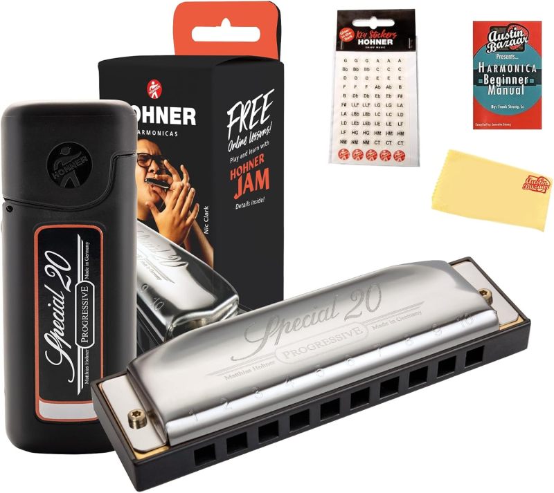 Hohner Special 20 Harmonica - Key of C Bundle with Key Stickers, Plastic Case, Instructional Manual, and Austin Bazaar Polishing Cloth